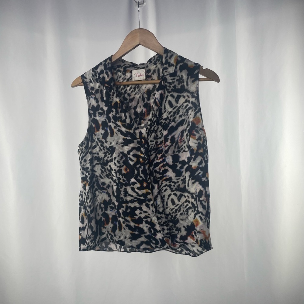 Parker 100% Silk Sleeveless‎ Animal Print Collared Blouse in Multi Size XS